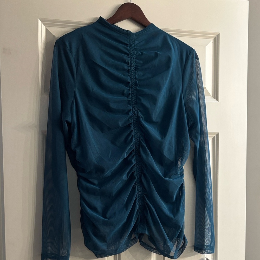 DKNY Teal Ruched Long Sleeve Blouse